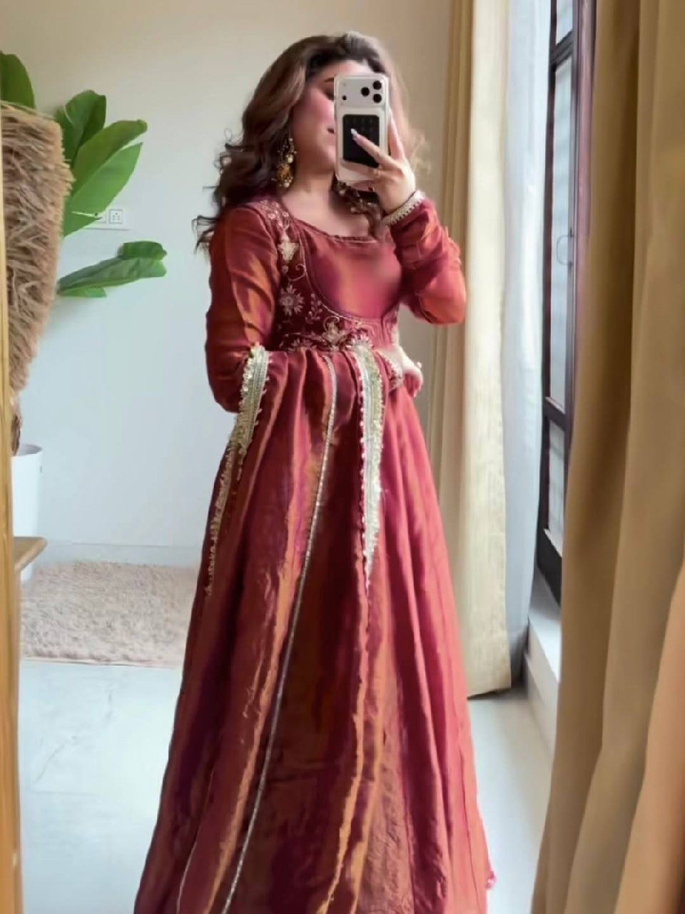 Regal Terracotta Zari-Bodice Anarkali Set